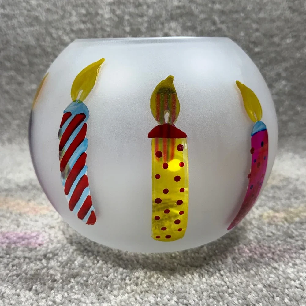Teleflora Frosted Glass Bowl Hand Painted Birthday Candles‎ Votive Holder Gift
